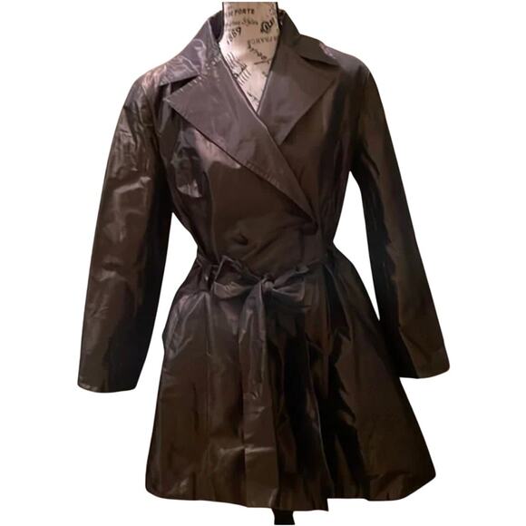 Vtg 90s Adrienne Landau Brown Iridescent Double Breasted Trench Coat Sz L - Picture 1 of 6